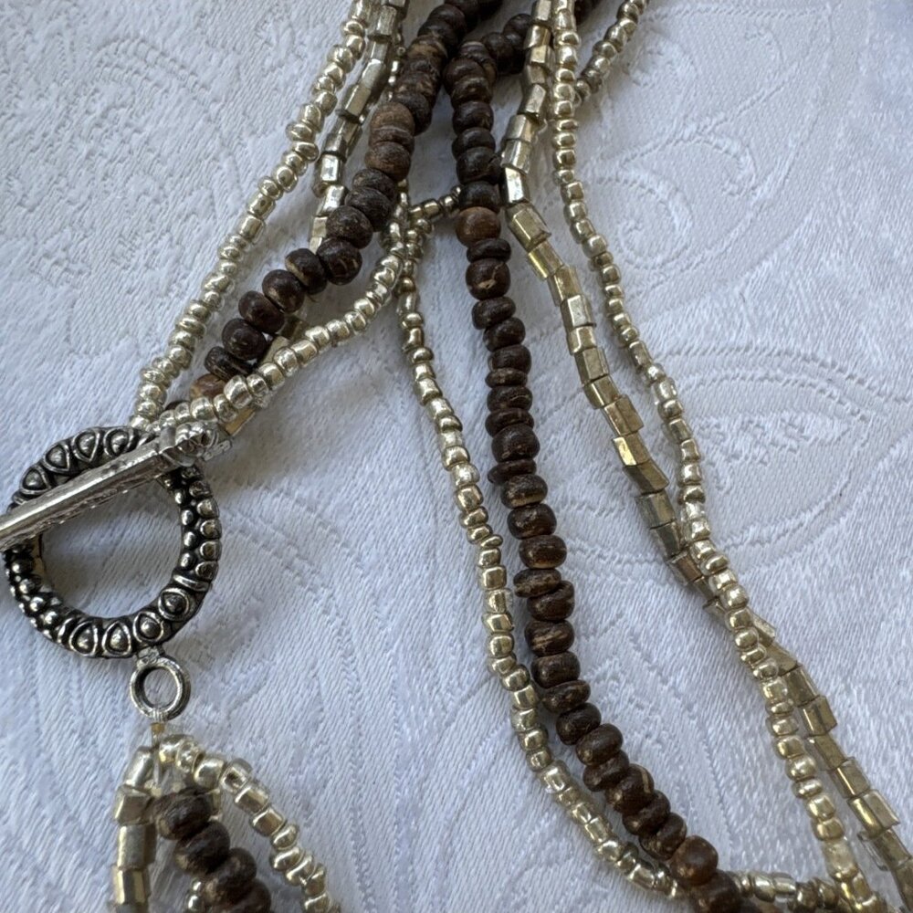NEW Seed Bead Multi Layer Gold Tone Brown Multistrand Beaded Necklace 15" Drop - Picture 7 of 11